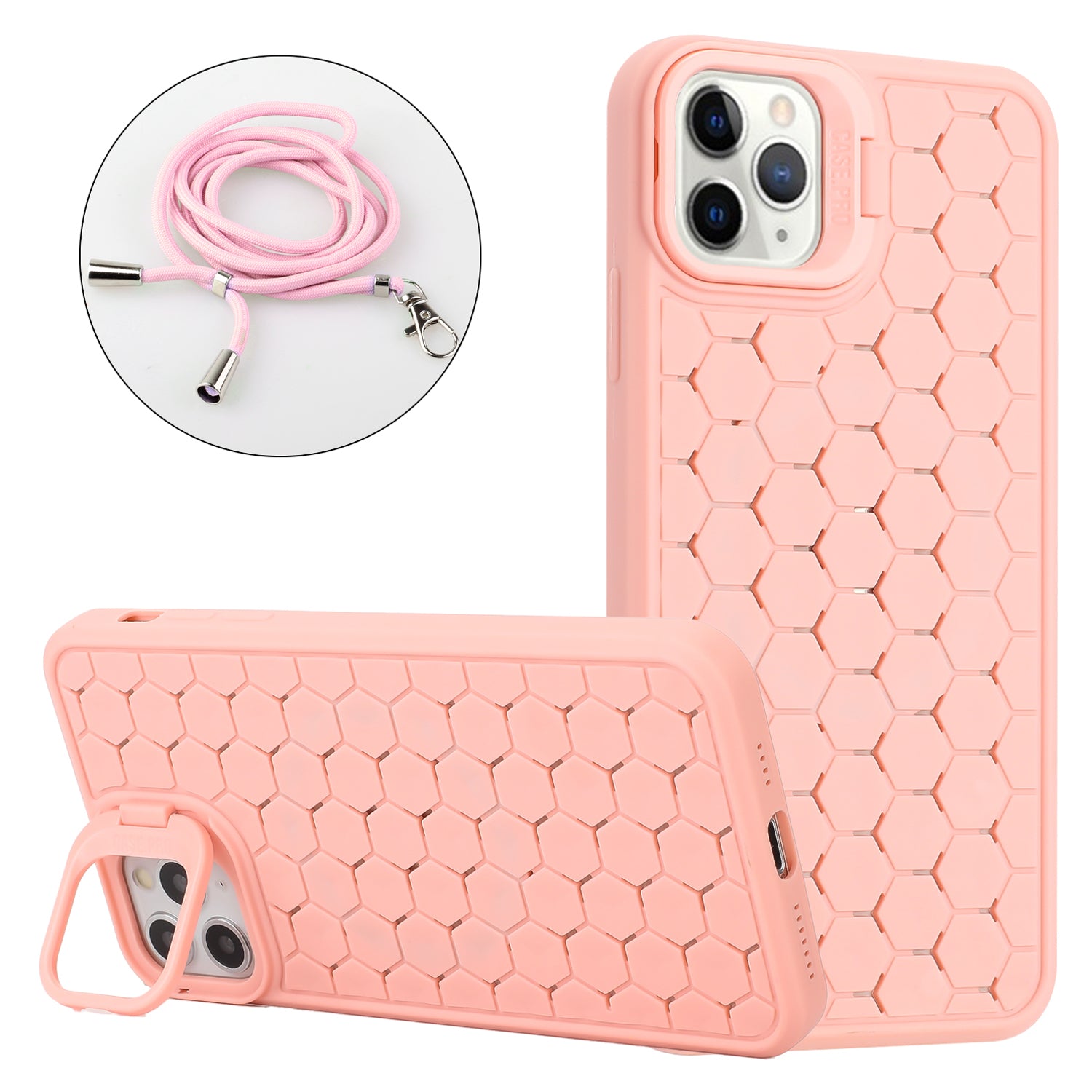 For iPhone 11 Pro Max Kickstand Case Heat Dissipation TPU Cell Phone Cover with Lanyard
