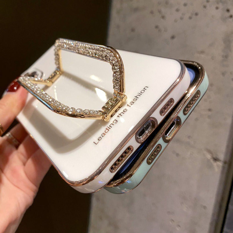For iPhone 14 Pro Max Cover Rhinestone Decor Kickstand Electroplated TPU Phone Case