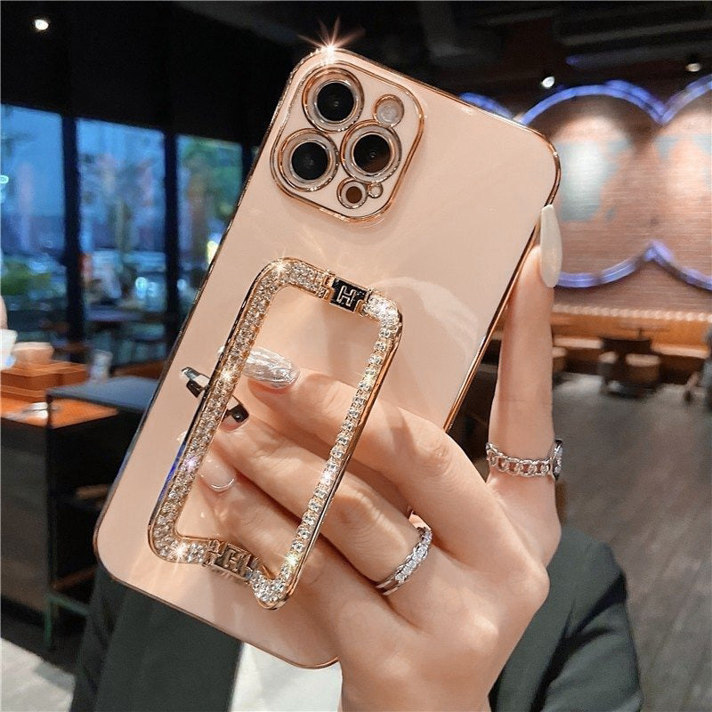 For iPhone 14 Pro Max Cover Rhinestone Decor Kickstand Electroplated TPU Phone Case