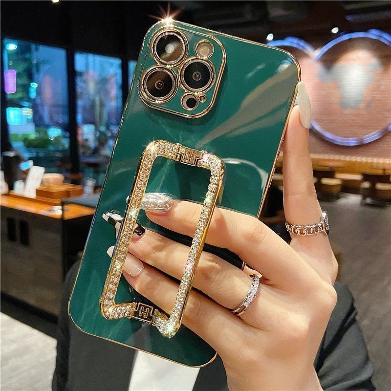 For iPhone 14 Pro Max Cover Rhinestone Decor Kickstand Electroplated TPU Phone Case
