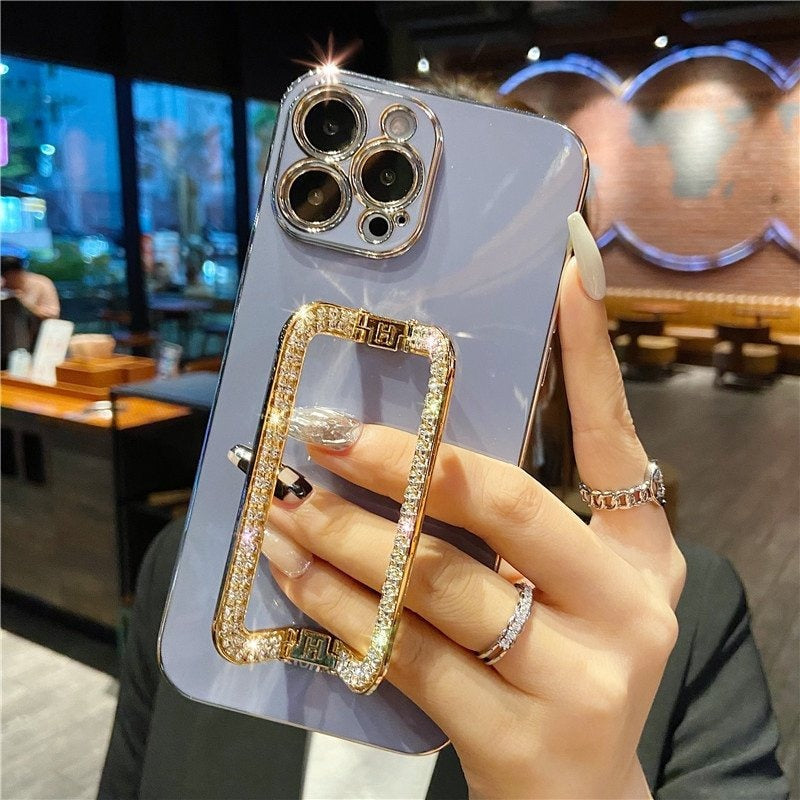 For iPhone 12 Pro Max TPU Phone Cover Rhinestone Decor Rectangular Kickstand Case