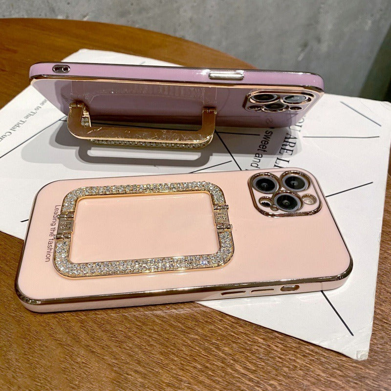 For iPhone 12 Pro Max TPU Phone Cover Rhinestone Decor Rectangular Kickstand Case