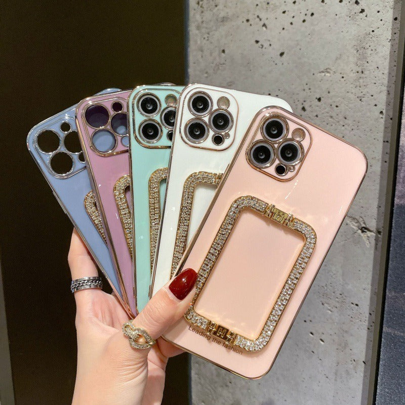 For iPhone 12 Pro Max TPU Phone Cover Rhinestone Decor Rectangular Kickstand Case