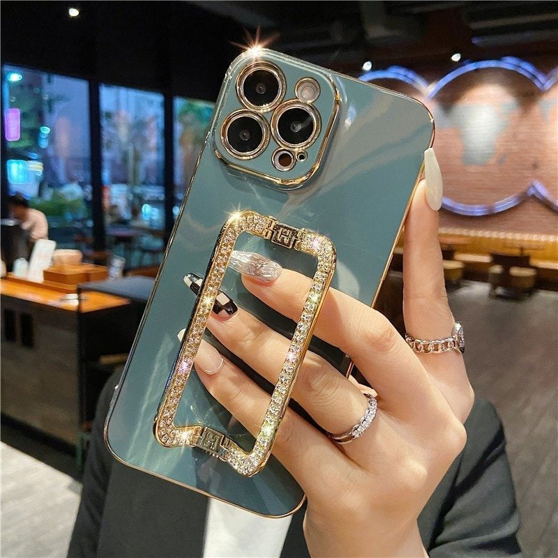 For iPhone 12 Pro Max TPU Phone Cover Rhinestone Decor Rectangular Kickstand Case