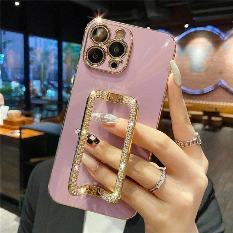 For iPhone 12 Pro Max TPU Phone Cover Rhinestone Decor Rectangular Kickstand Case