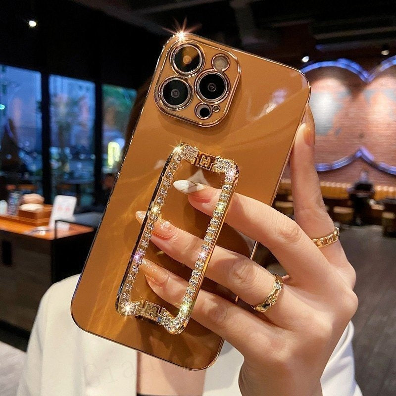 For iPhone 12 Pro Max TPU Phone Cover Rhinestone Decor Rectangular Kickstand Case