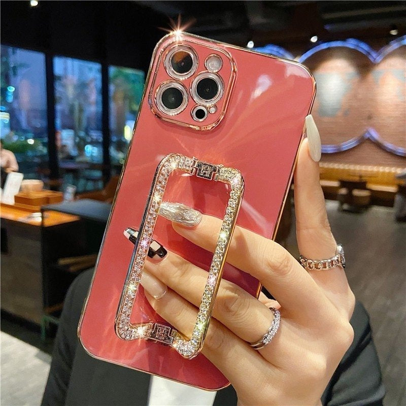 For iPhone 12 Pro Max TPU Phone Cover Rhinestone Decor Rectangular Kickstand Case