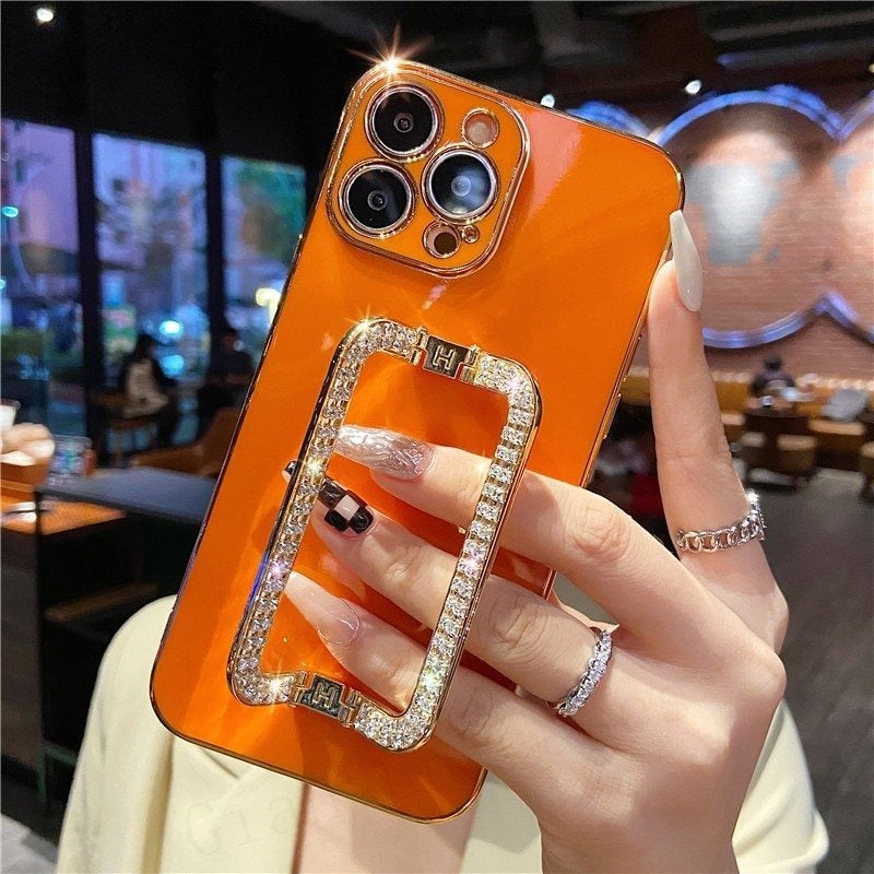 For iPhone 12 Pro Max TPU Phone Cover Rhinestone Decor Rectangular Kickstand Case