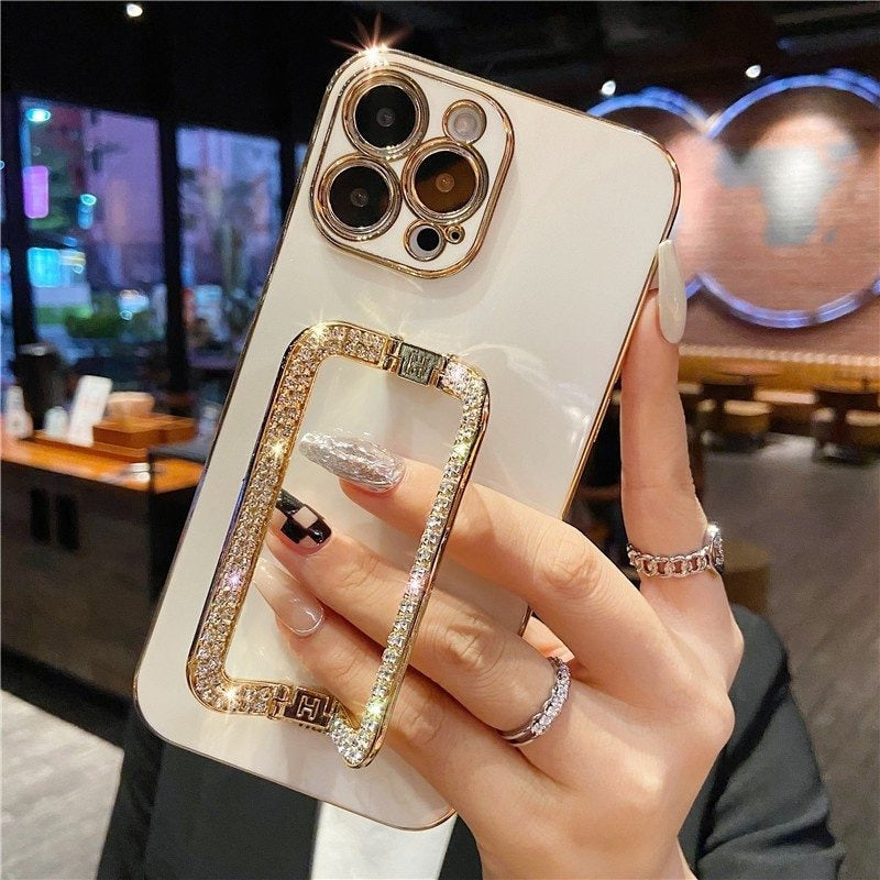 For iPhone 12 Pro Max TPU Phone Cover Rhinestone Decor Rectangular Kickstand Case