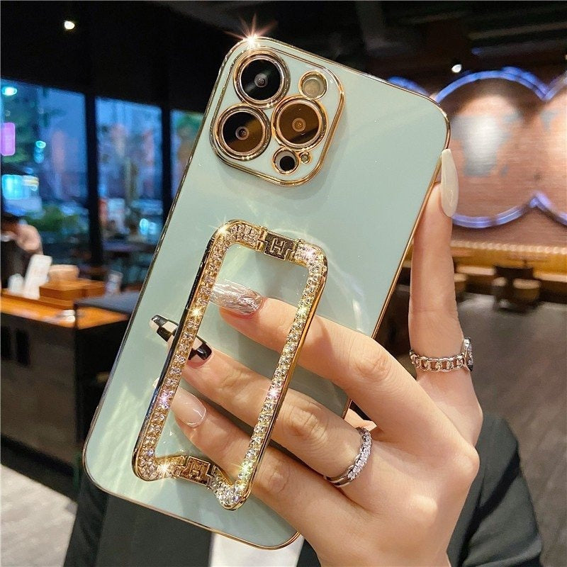 For iPhone 12 Pro Max TPU Phone Cover Rhinestone Decor Rectangular Kickstand Case