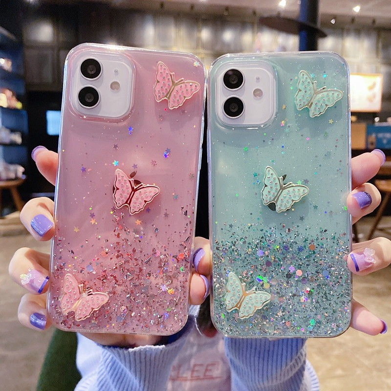 For iPhone 11 Case TPU Phone Protective Cover Sequins Epoxy Butterfly Design