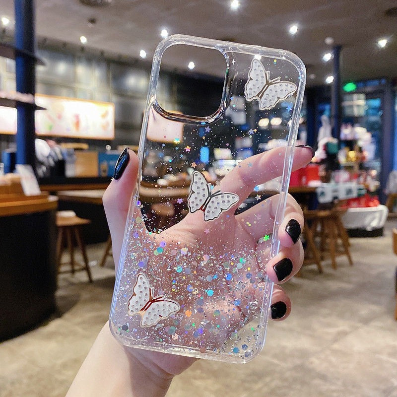 For iPhone 11 Case TPU Phone Protective Cover Sequins Epoxy Butterfly Design