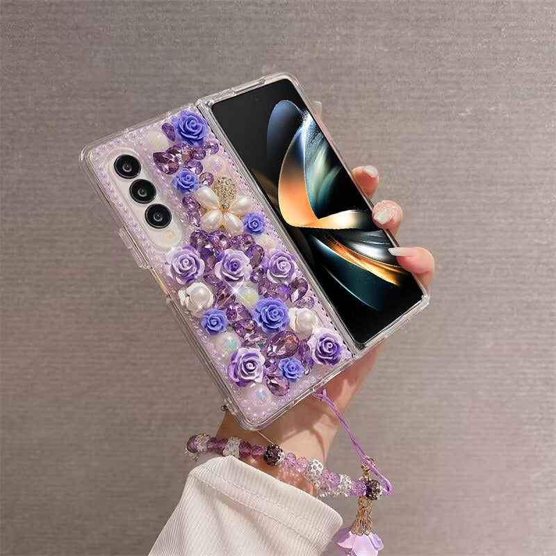 For Samsung Galaxy Z Fold4 5G Case Faux Pearl Decor Rhinestone Flower Hard PC Phone Cover with Bracelet