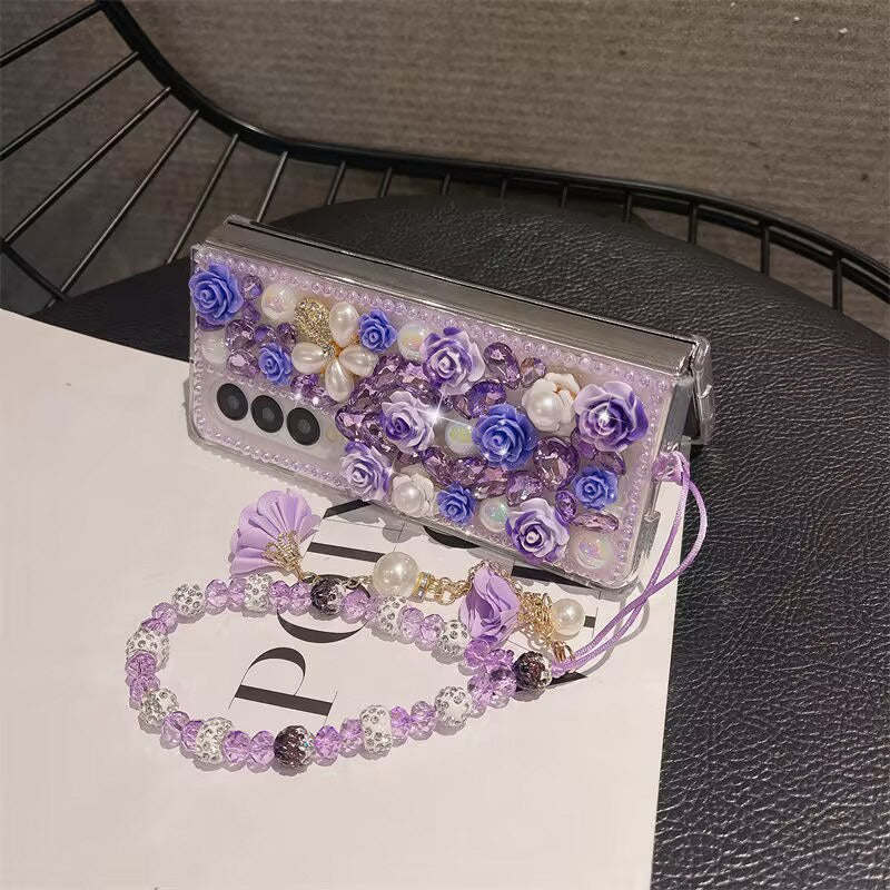 For Samsung Galaxy Z Fold4 5G Case Faux Pearl Decor Rhinestone Flower Hard PC Phone Cover with Bracelet