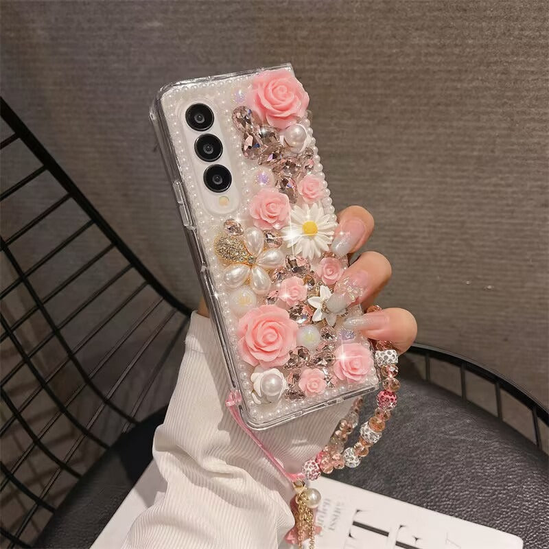 For Samsung Galaxy Z Fold4 5G Case Faux Pearl Decor Rhinestone Flower Hard PC Phone Cover with Bracelet
