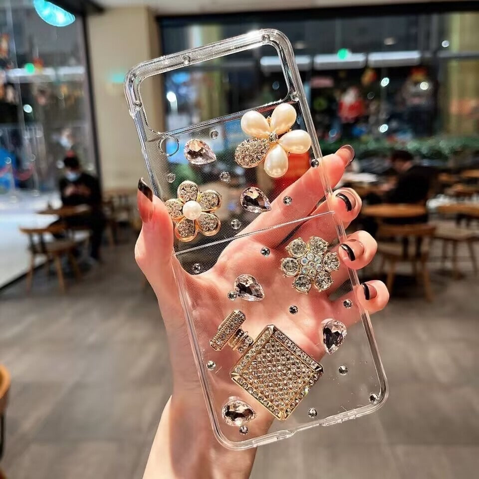 For Samsung Galaxy Z Flip4 5G Case Perfume Bottle Camellia Rhinestone Decor Hard PC Phone Cover