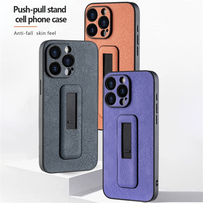 For iPhone 14 Pro Max Case PC+PU Leather Cell Phone Cover with Push-pull Kickstand