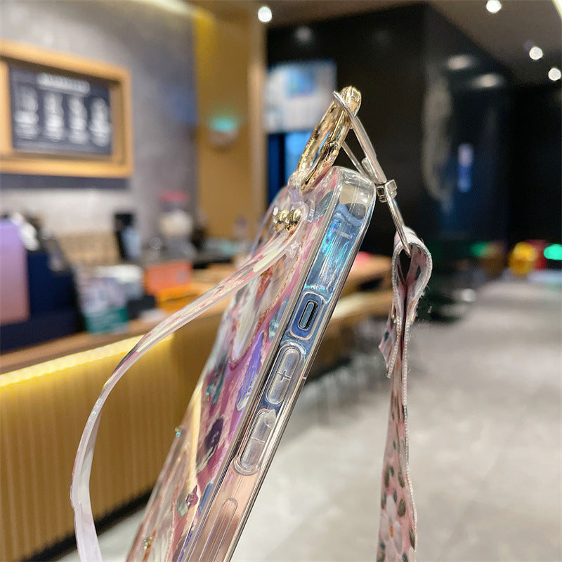 For iPhone 13 Pro 6.1 inch Case with Long Lanyard Wristband Kickstand PC+TPU Epoxy Phone Shell
