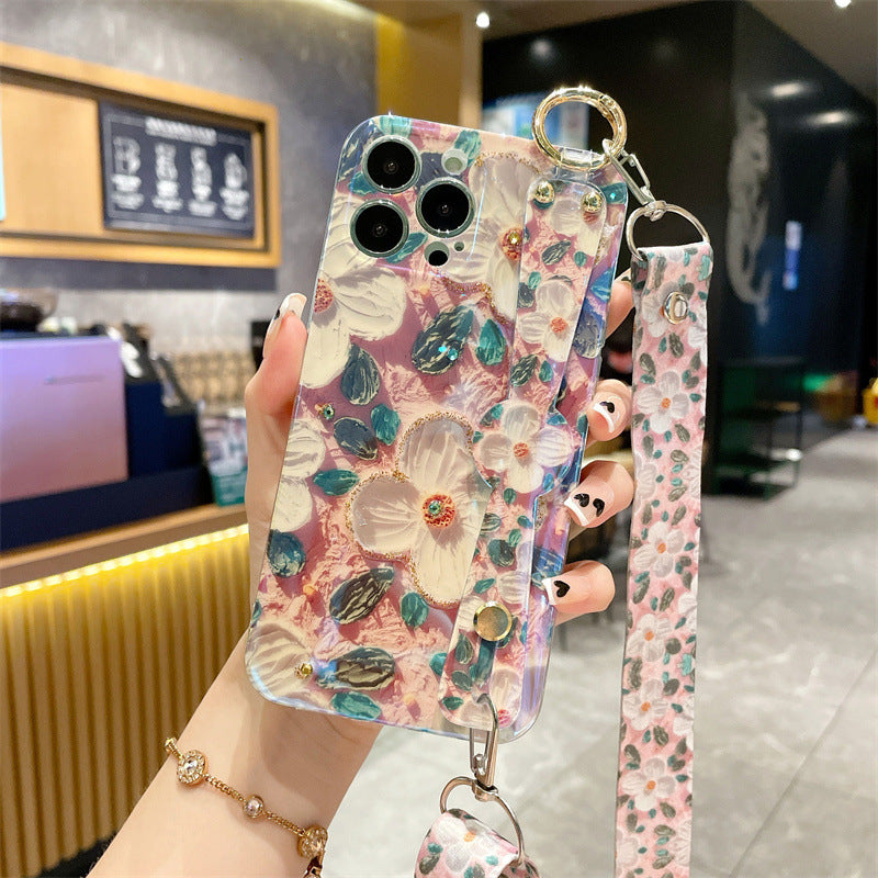 For iPhone 14 Pro Max Case Rhinestones Decor Epoxy PC+TPU Phone Cover with Lanyard