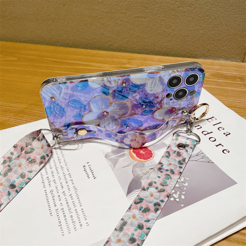 For iPhone 14 Pro Max Case Rhinestones Decor Epoxy PC+TPU Phone Cover with Lanyard