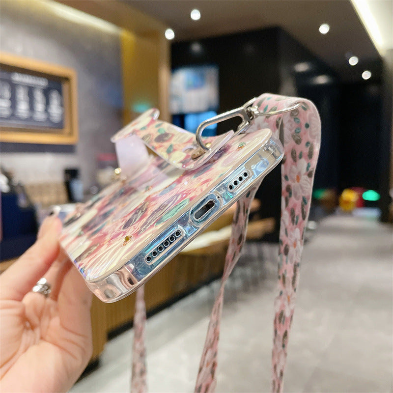 For iPhone 14 Pro Max Case Rhinestones Decor Epoxy PC+TPU Phone Cover with Lanyard