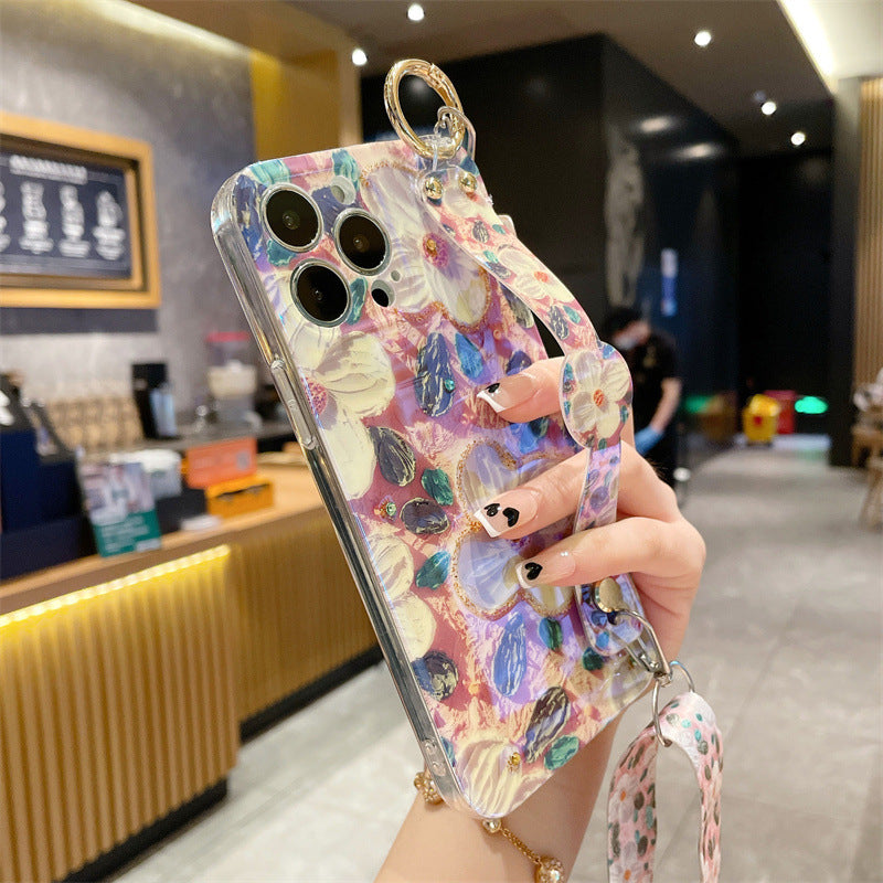 For iPhone 14 Pro Max Case Rhinestones Decor Epoxy PC+TPU Phone Cover with Lanyard