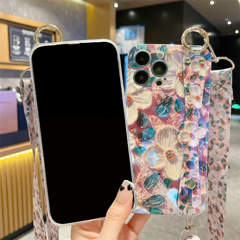 For iPhone 14 Pro Max Case Rhinestones Decor Epoxy PC+TPU Phone Cover with Lanyard