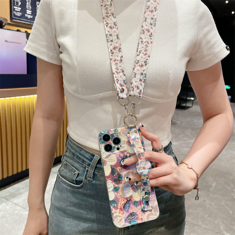 For iPhone 14 Pro Max Case Rhinestones Decor Epoxy PC+TPU Phone Cover with Lanyard