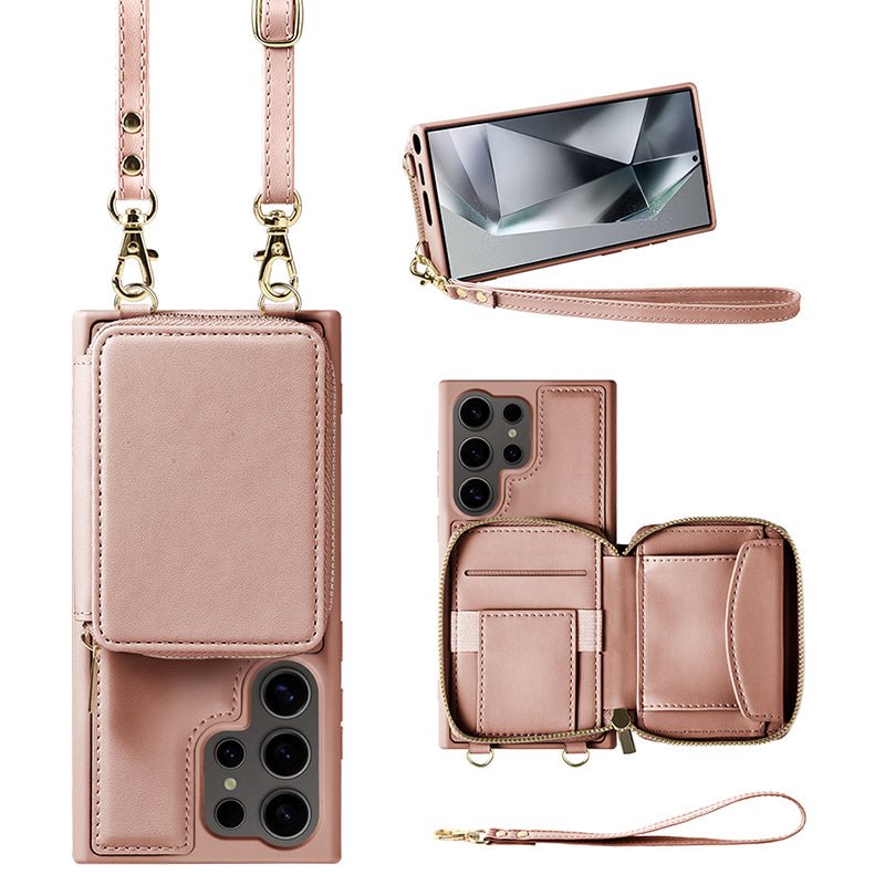 For Samsung Galaxy S24 Ultra Case Zipper Wallet Leather Coated TPU RFID Blocking Phone Cover