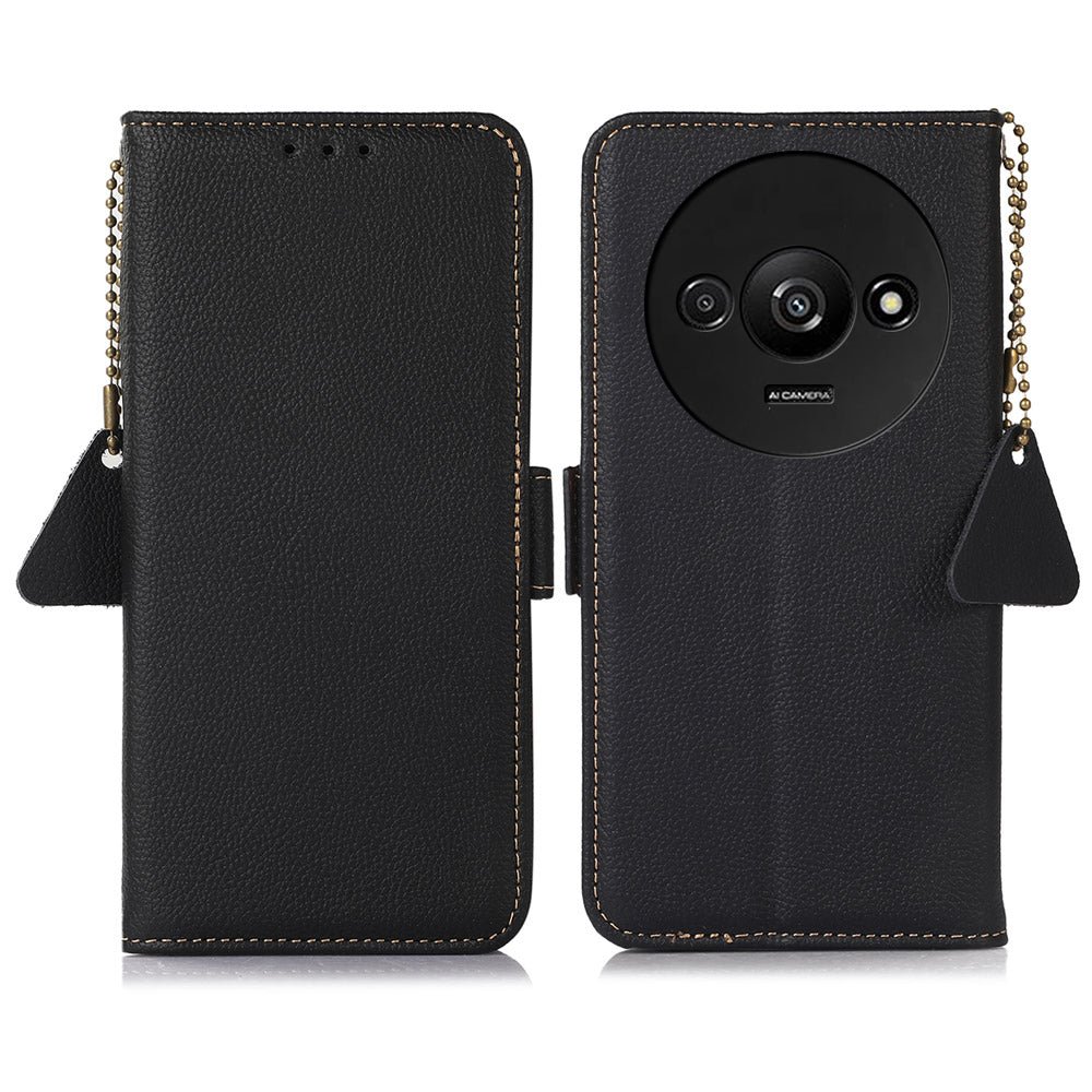 TJ For Xiaomi Redmi A3 / Poco C61 4G Case RFID Blocking Genuine Cow Leather Phone Stand Cover