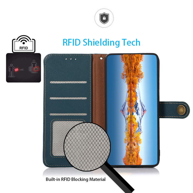KHAZNEH For Xiaomi Redmi A3 / Poco C61 4G Case RFID Blocking Anti-drop Genuine Cow Leather Phone Cover