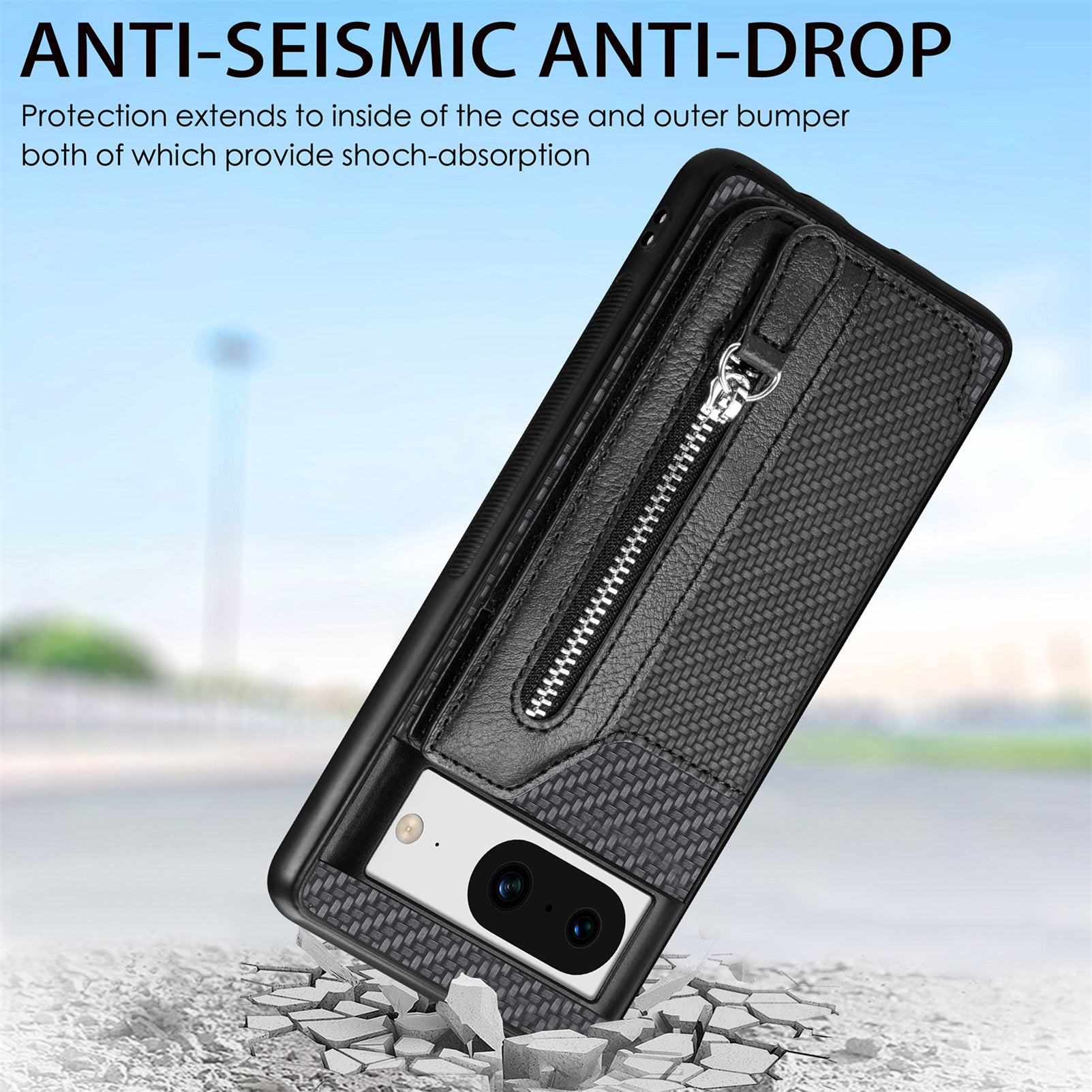 C1-04 For Google Pixel 8 Case Zipper Card Holder Leather Coated PC+TPU Phone Cover