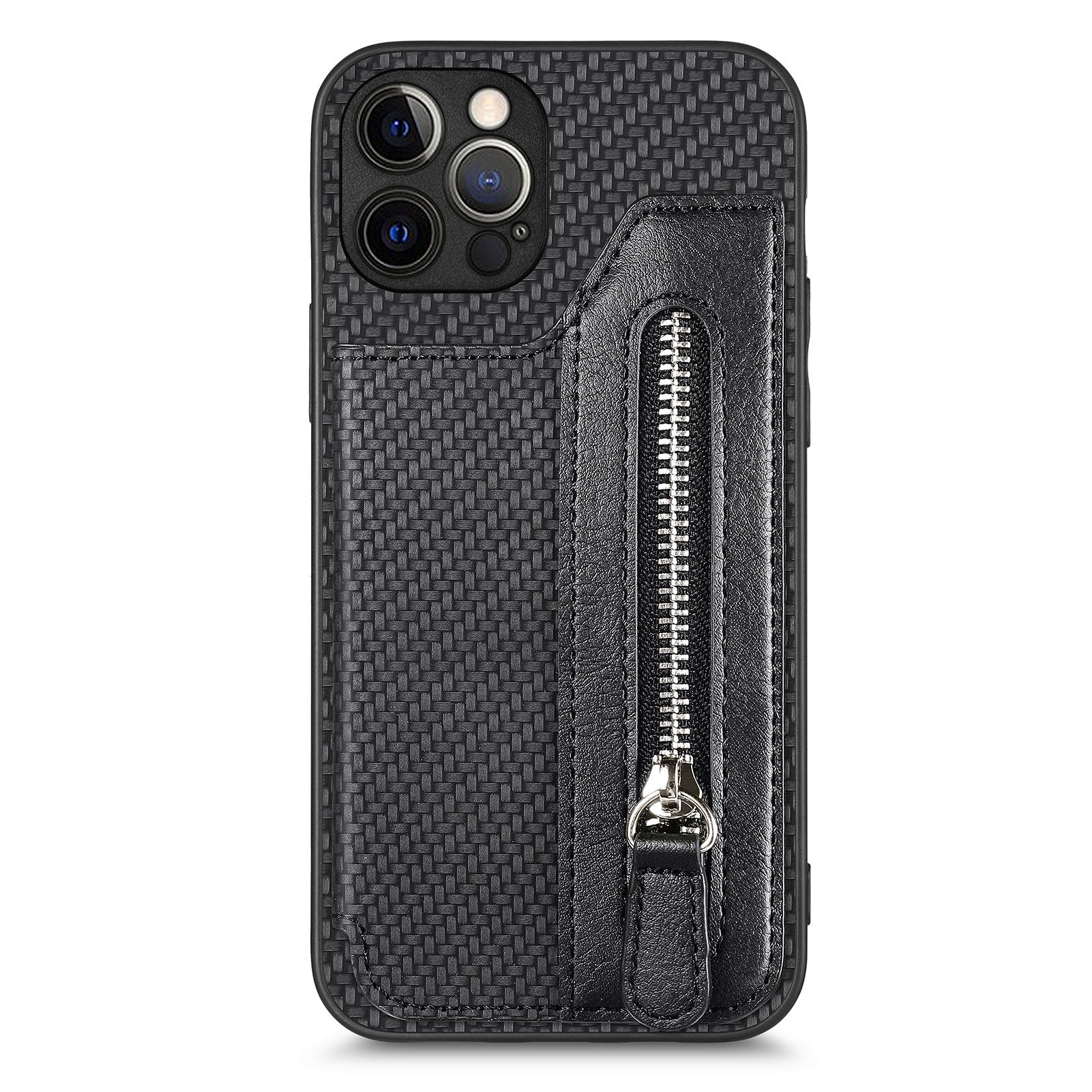 C1-04 For iPhone 12 Pro Kickstand Case Carbon Fiber Texture PU+PC+TPU Wallet Phone Cover