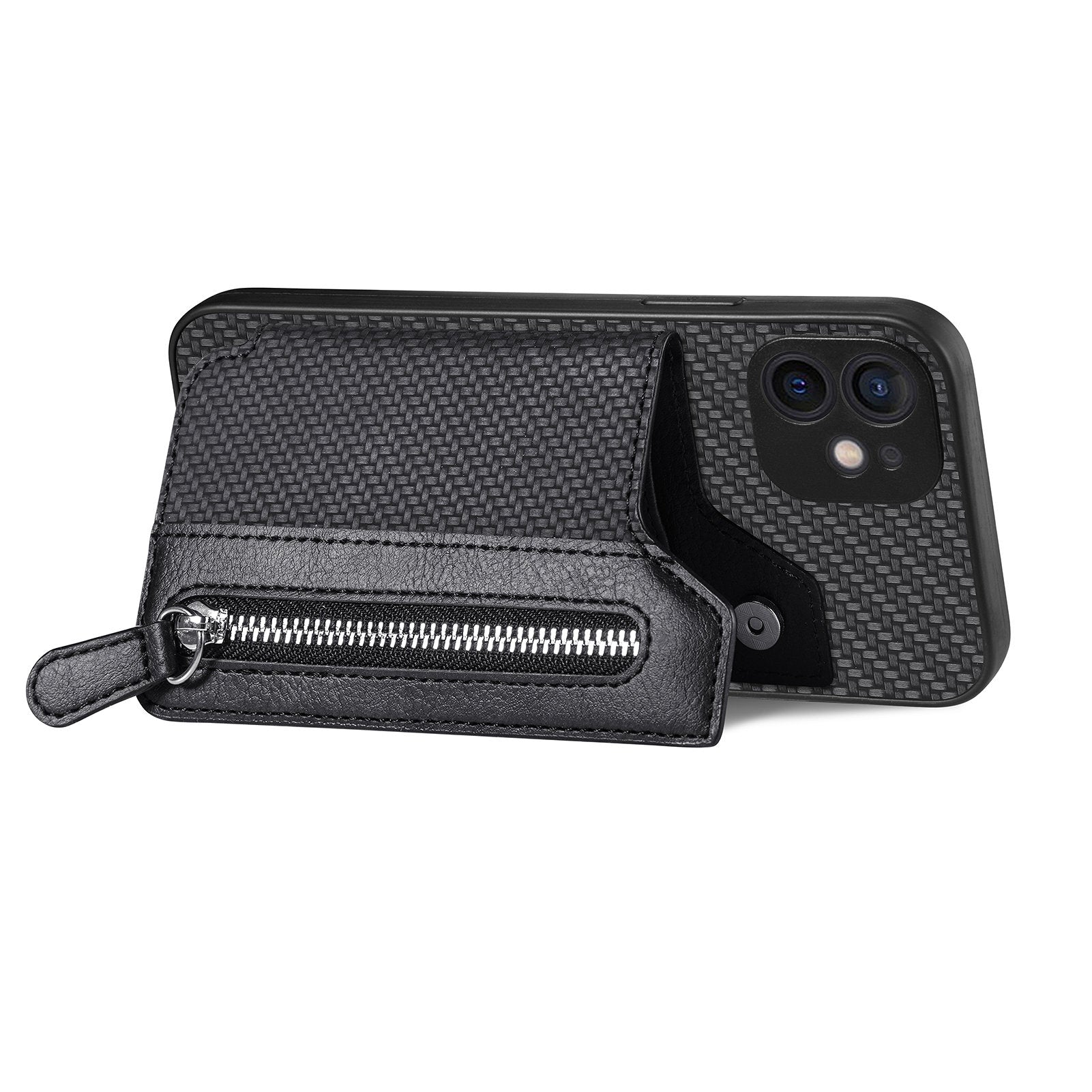 C1-04 For iPhone 12 Case Leather+PC+TPU Phone Cover with Zipper Wallet Kickstand