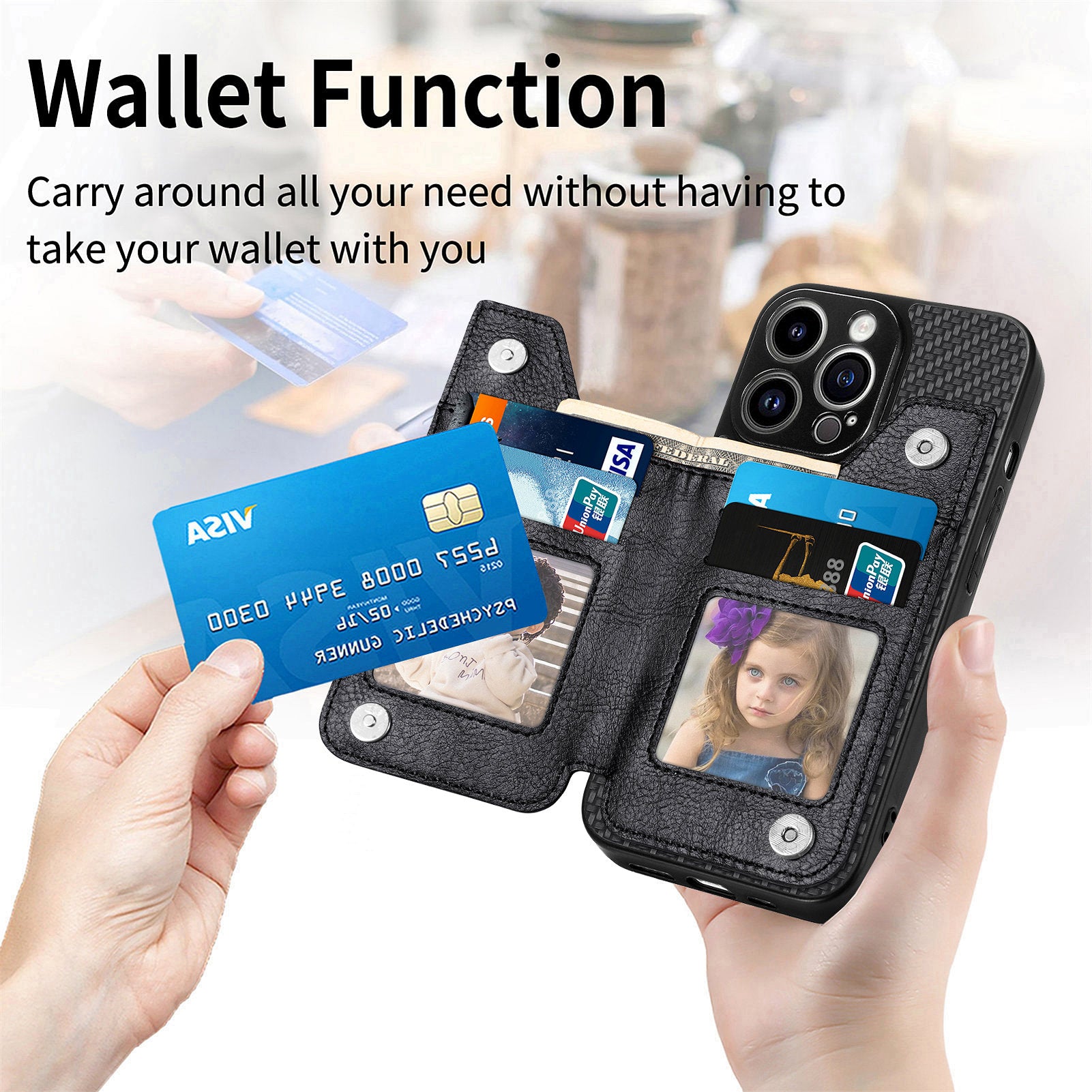 C1-04 For iPhone 13 Pro Wallet Case Kickstand Anti-Drop PU+PC+TPU Phone Cover