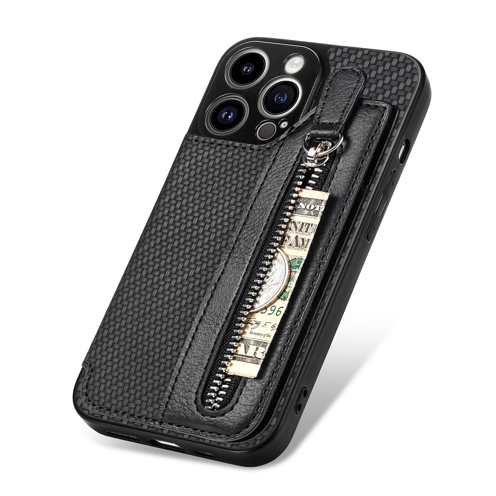C1-04 For iPhone 13 Pro Max 6.7 inch Case Zipper Pocket Kickstand Back Phone Shell