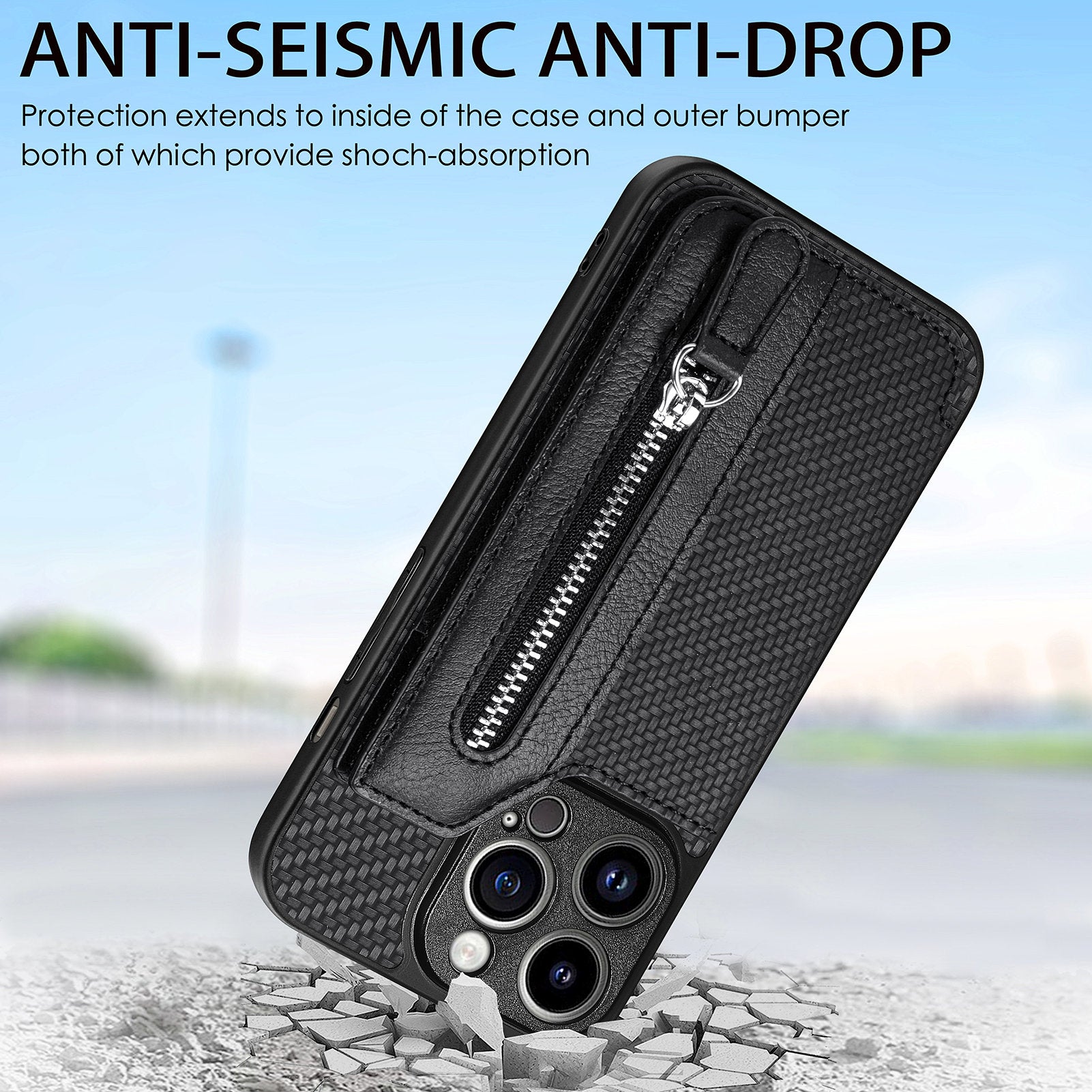 C1-04 For iPhone 13 Pro Max 6.7 inch Case Zipper Pocket Kickstand Back Phone Shell
