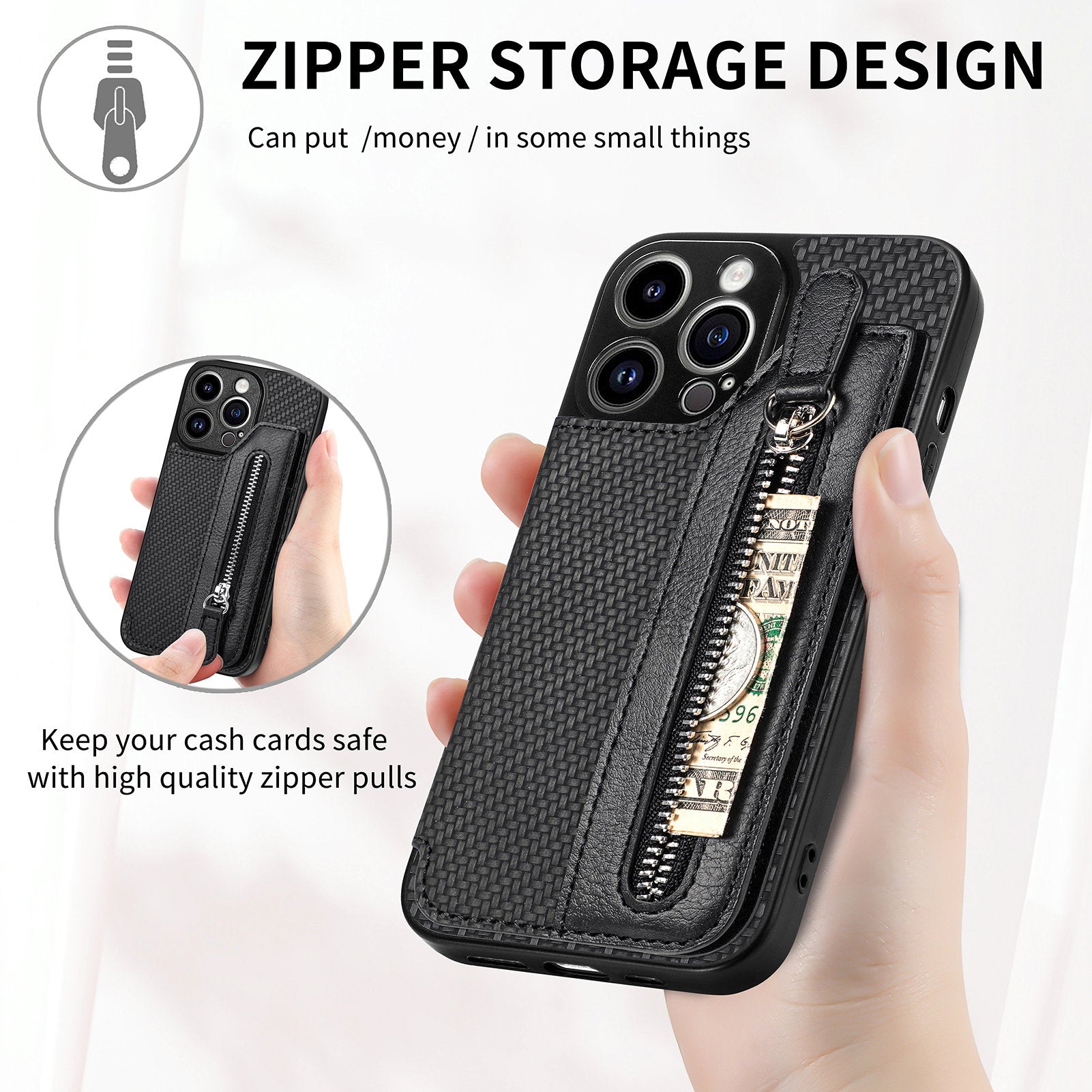 C1-04 For iPhone 13 Pro Max 6.7 inch Case Zipper Pocket Kickstand Back Phone Shell