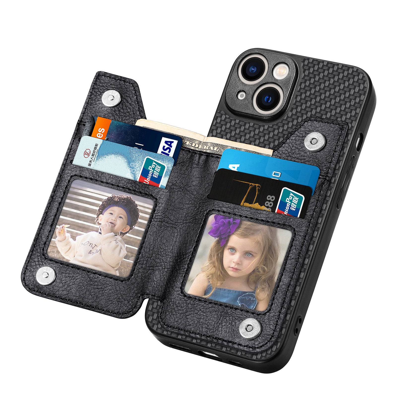C1-04 For iPhone 13 Case PU Leather+PC+TPU Zipper Pocket Phone Cover with Card Holder