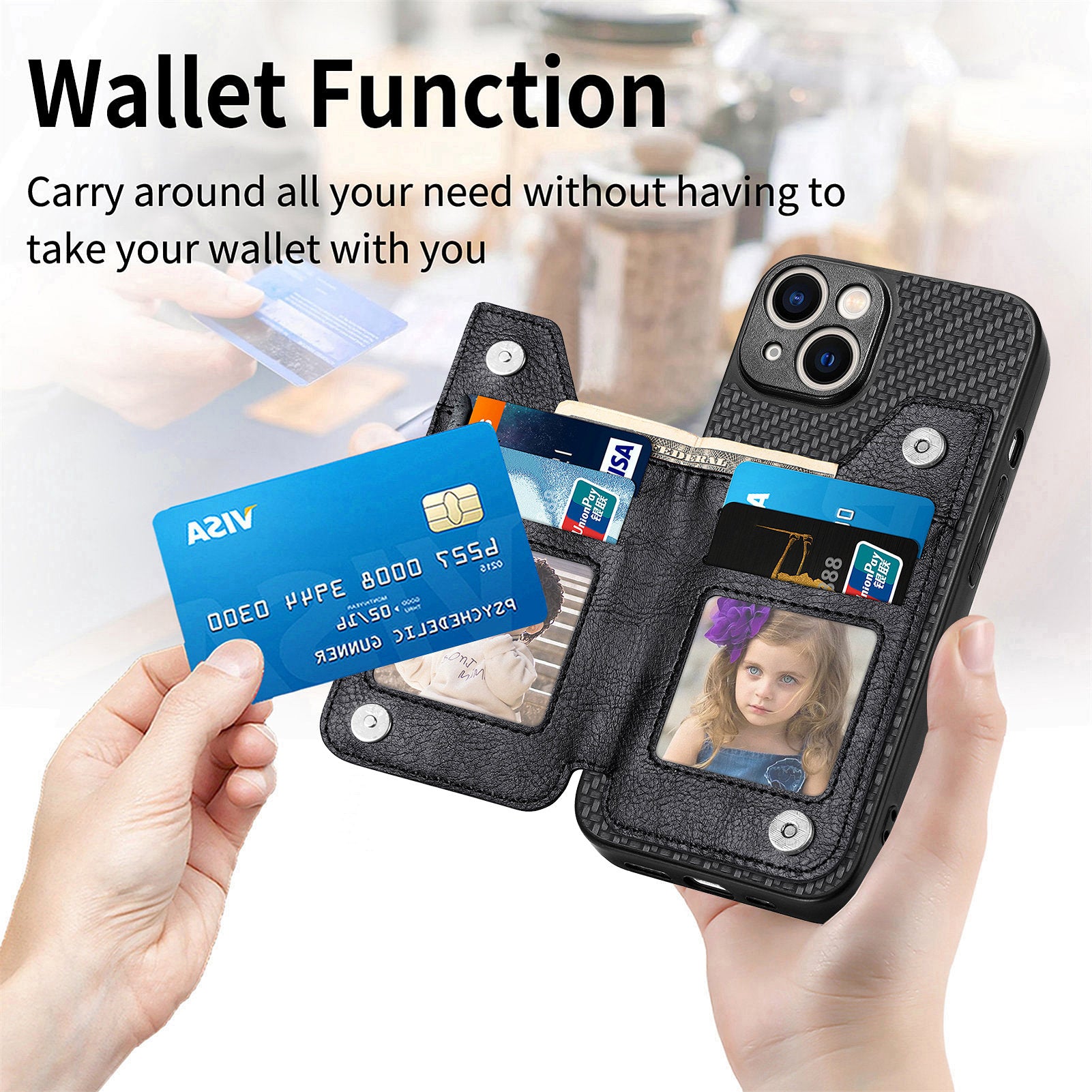 C1-04 For iPhone 13 Case PU Leather+PC+TPU Zipper Pocket Phone Cover with Card Holder