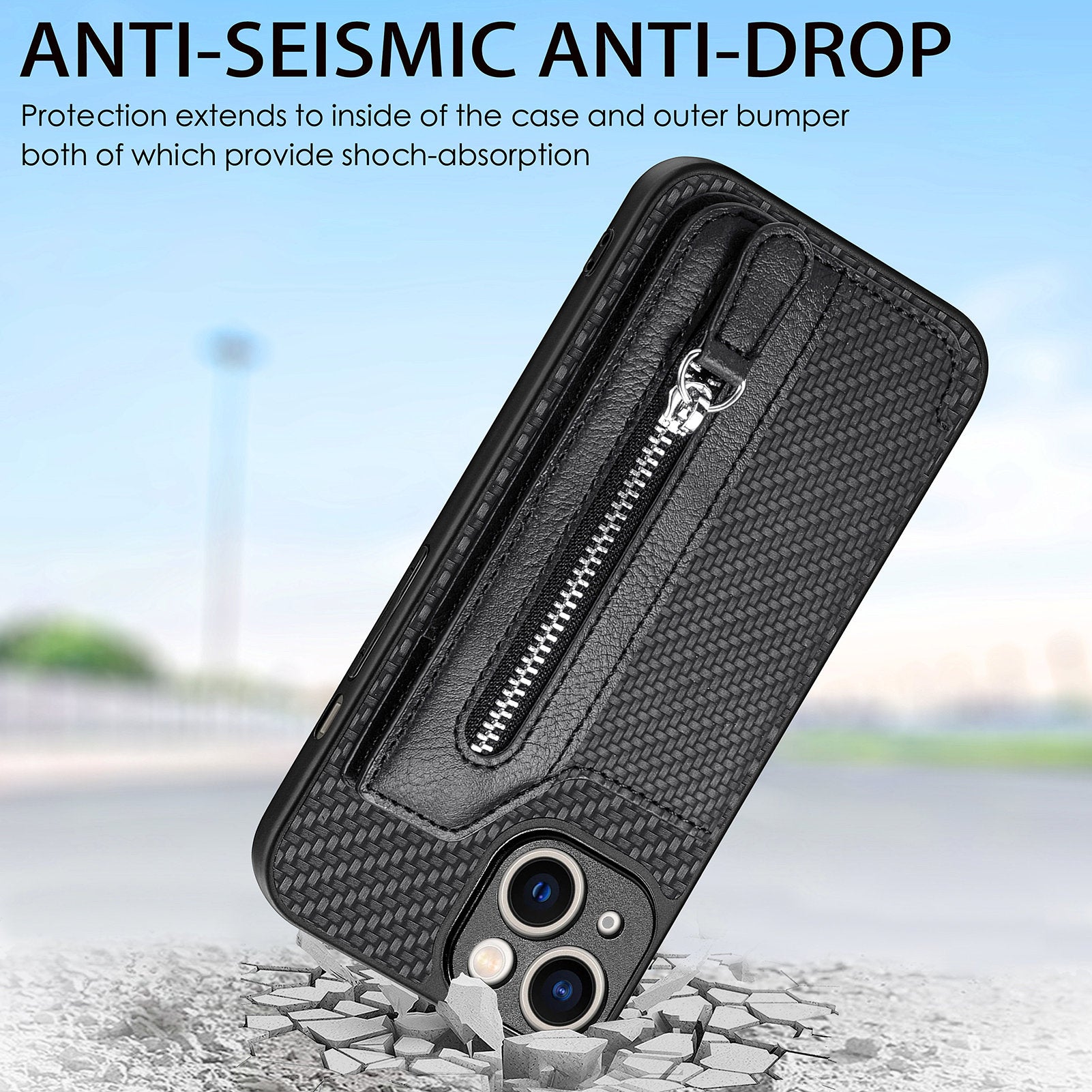 C1-04 For iPhone 13 Case PU Leather+PC+TPU Zipper Pocket Phone Cover with Card Holder