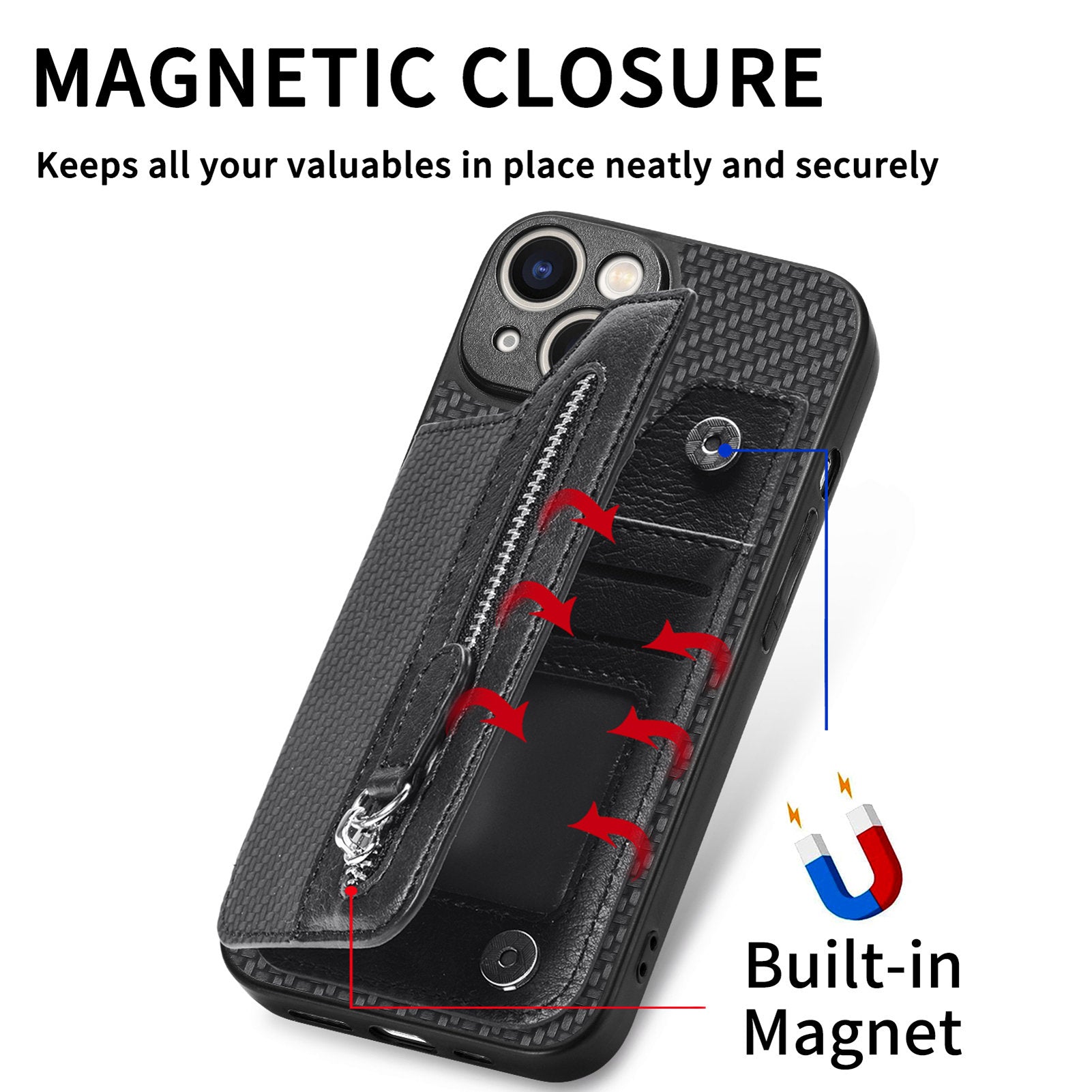 C1-04 For iPhone 13 Case PU Leather+PC+TPU Zipper Pocket Phone Cover with Card Holder