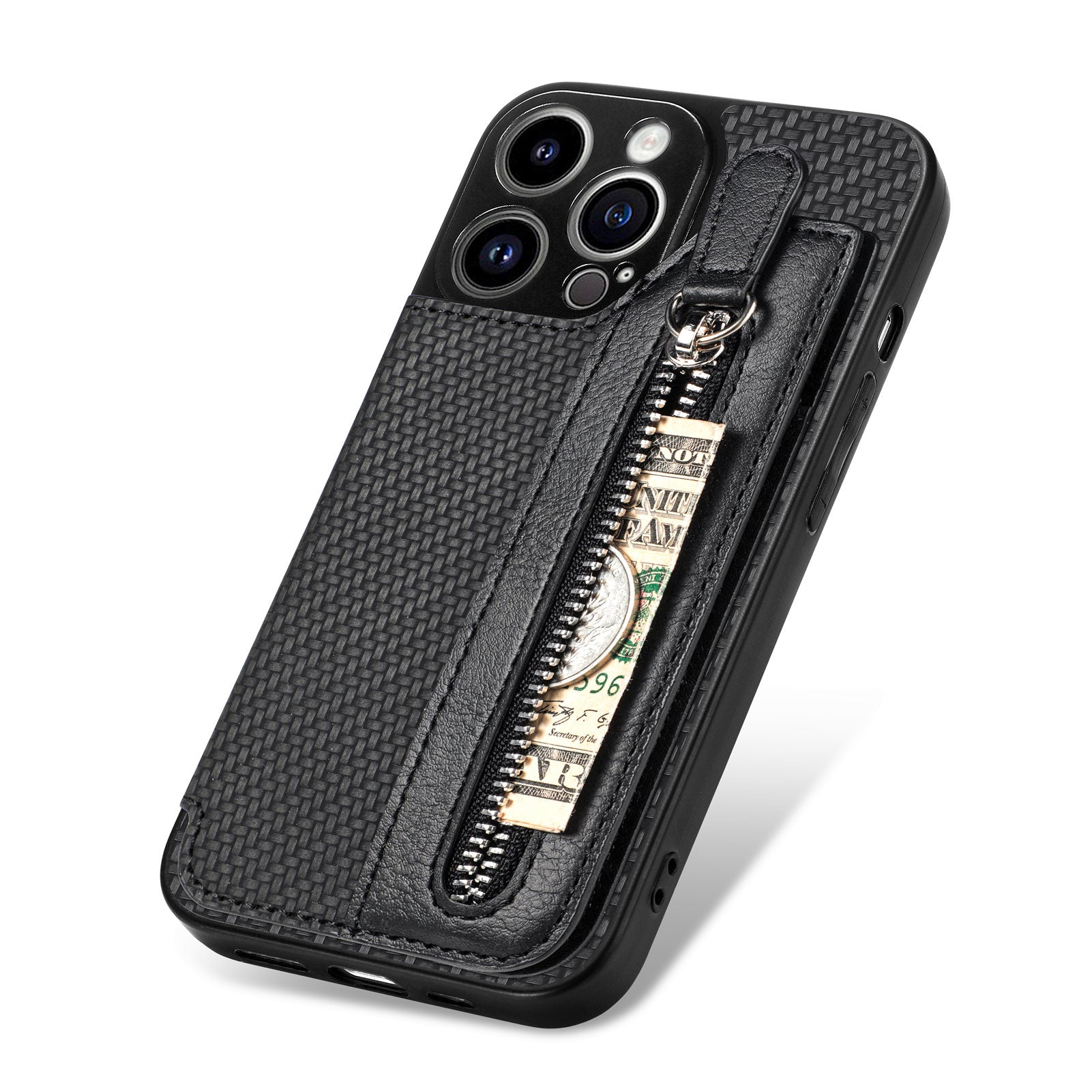 C1-04 For iPhone 14 Pro Case Leather Zipper Pocket Phone Cover with Kickstand