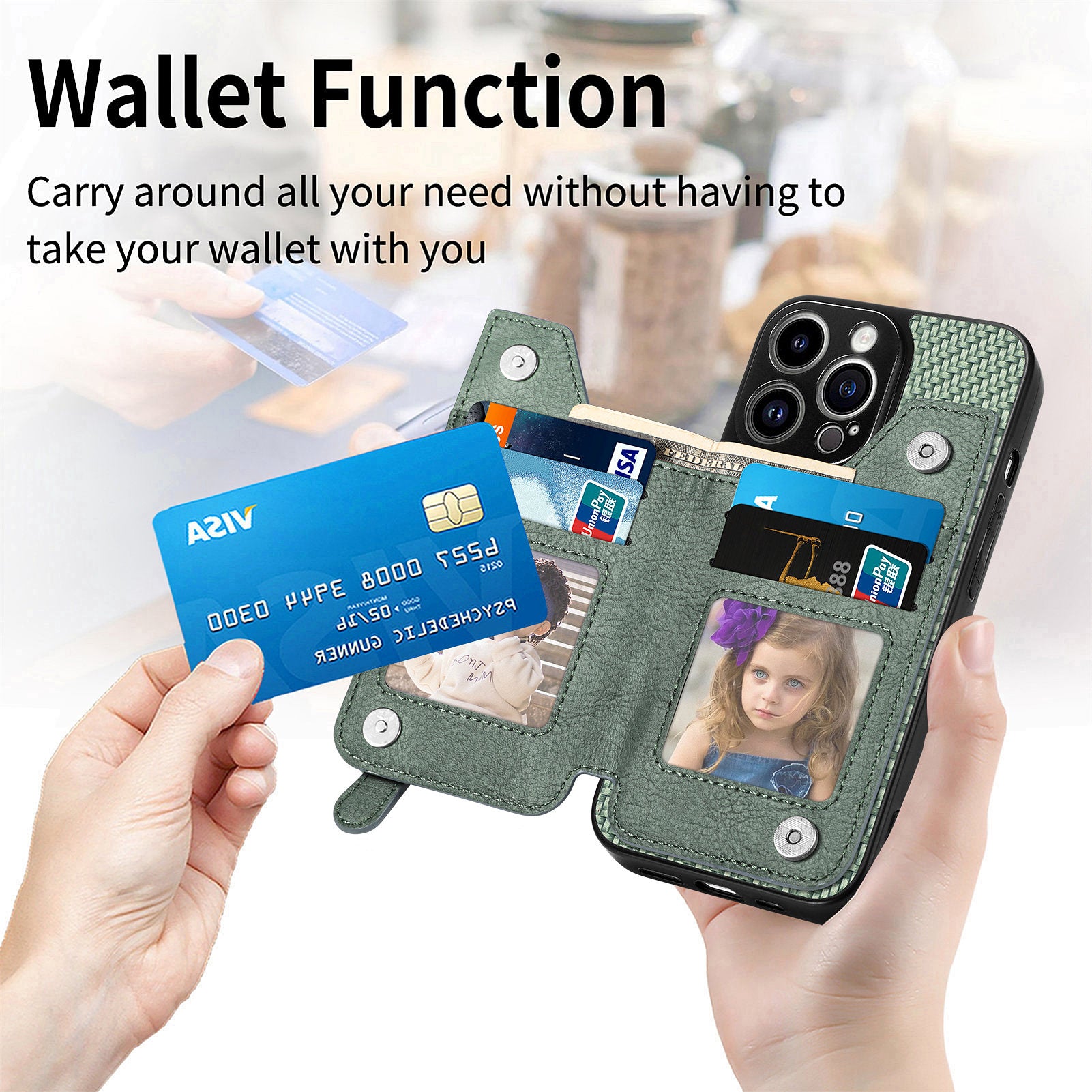 C1-04 For iPhone 14 Pro Case Leather Zipper Pocket Phone Cover with Kickstand