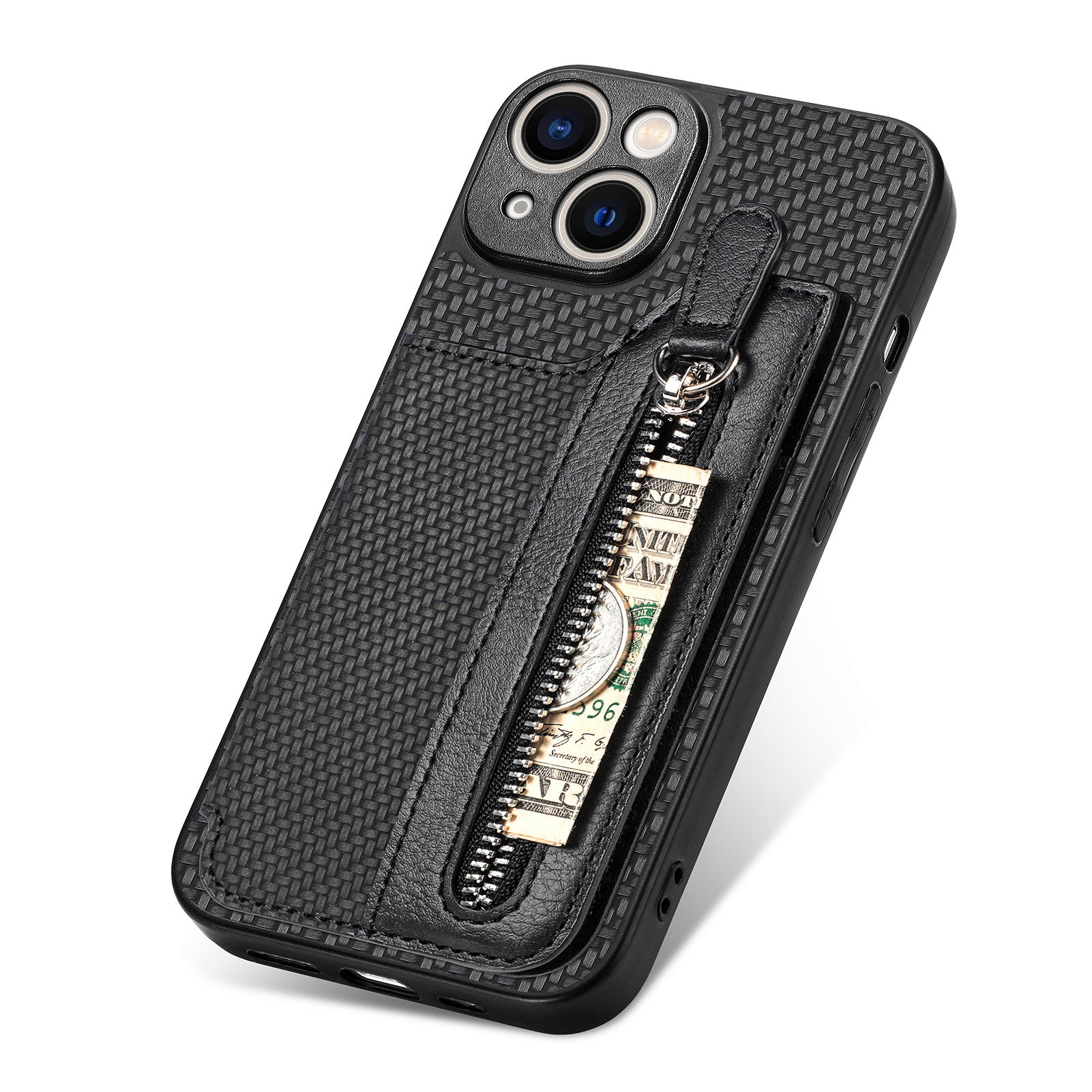 C1-04 For iPhone 14 Zipper Pocket PU Leather+PC+TPU Case Phone Cover with Card Holder