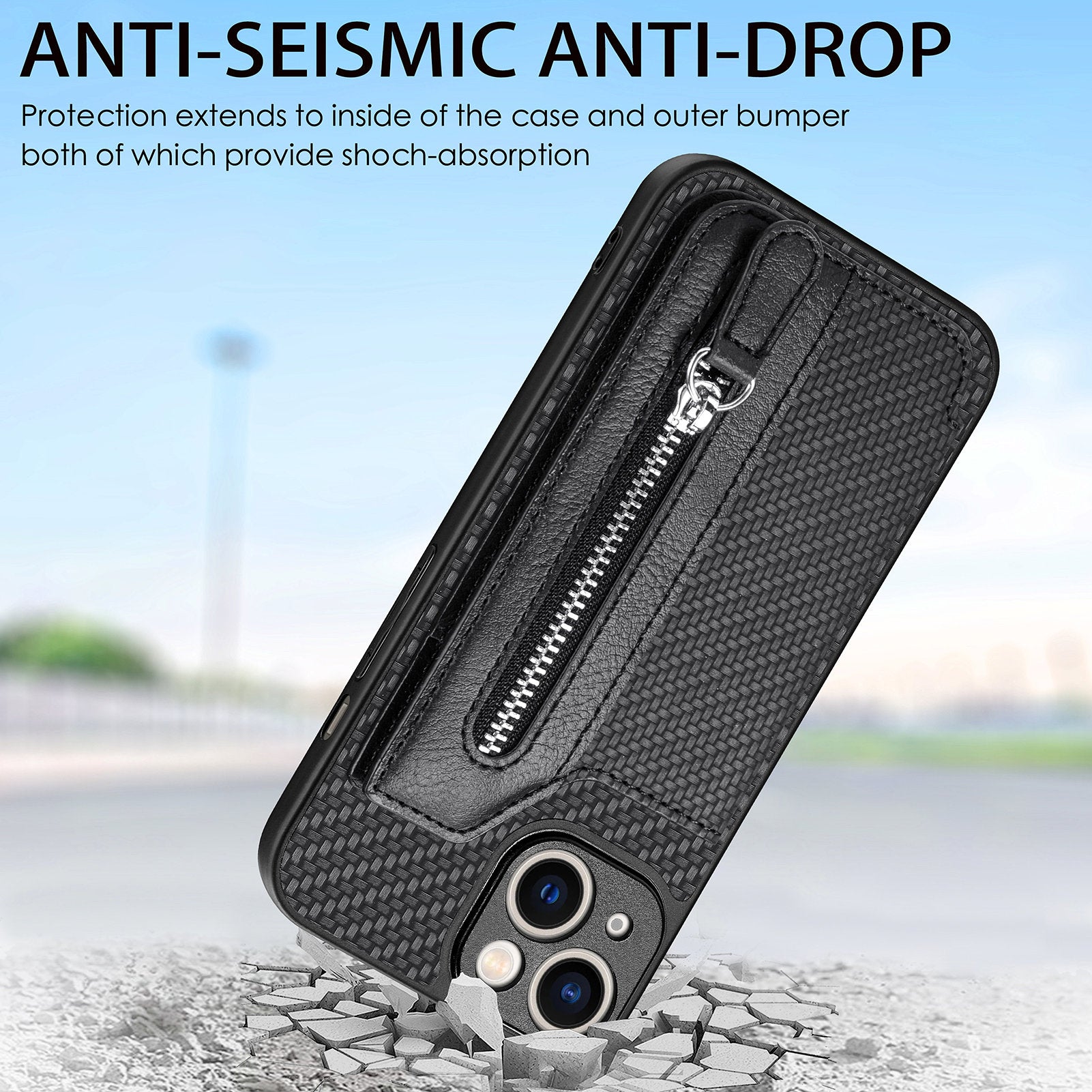 C1-04 For iPhone 14 Zipper Pocket PU Leather+PC+TPU Case Phone Cover with Card Holder