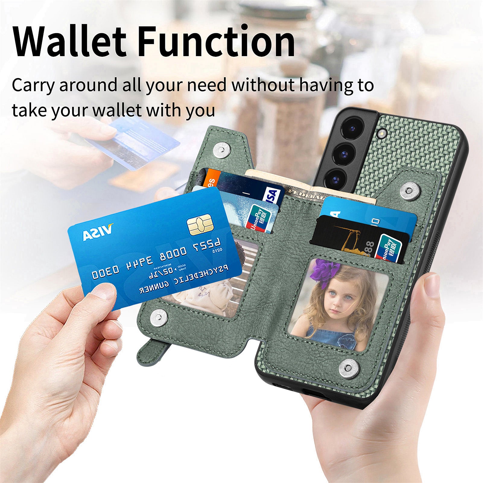 C1-04 For Samsung Galaxy S22 5G Wallet Case Anti-Drop Kickstand PU+PC+TPU Phone Cover