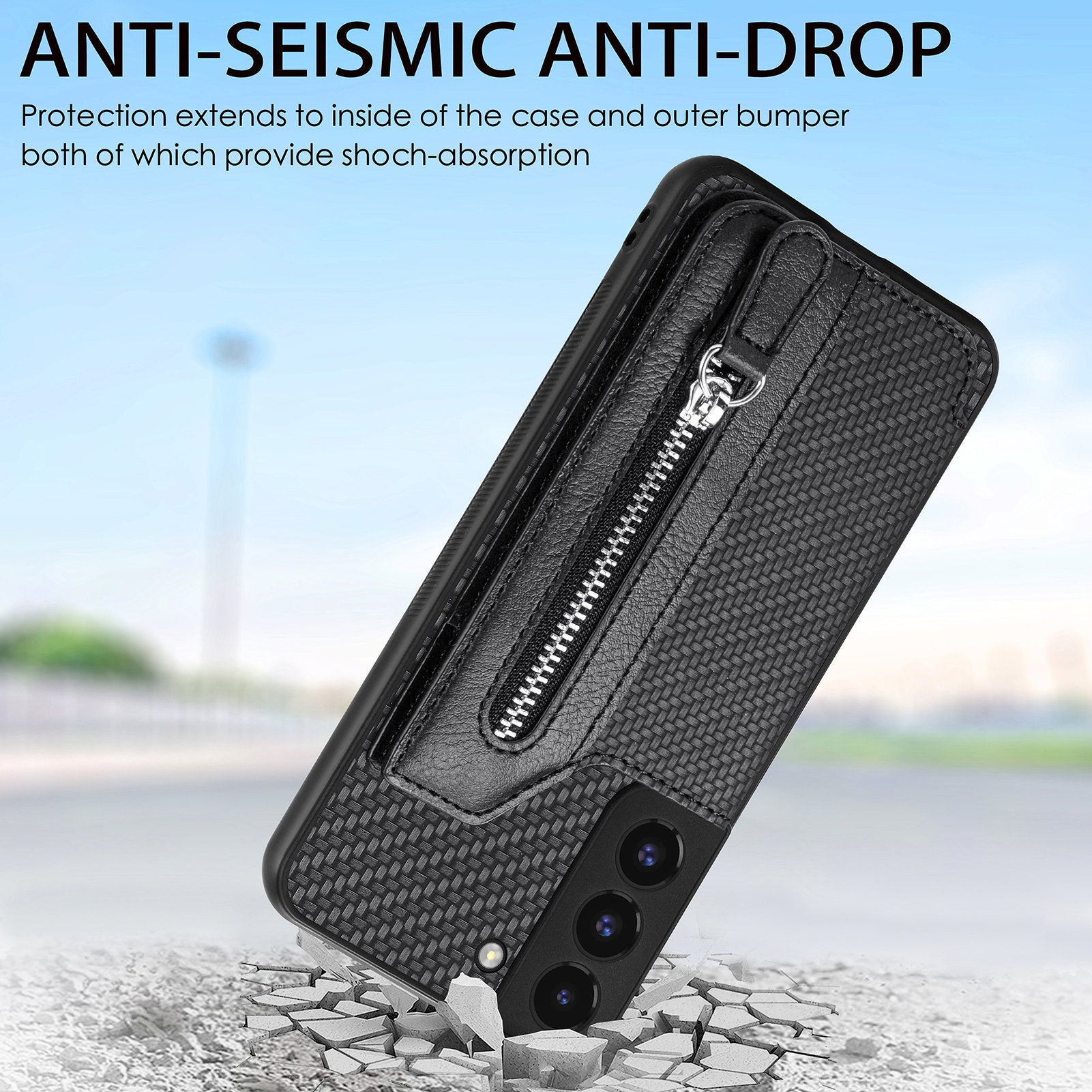 C1-04 For Samsung Galaxy S22 5G Wallet Case Anti-Drop Kickstand PU+PC+TPU Phone Cover