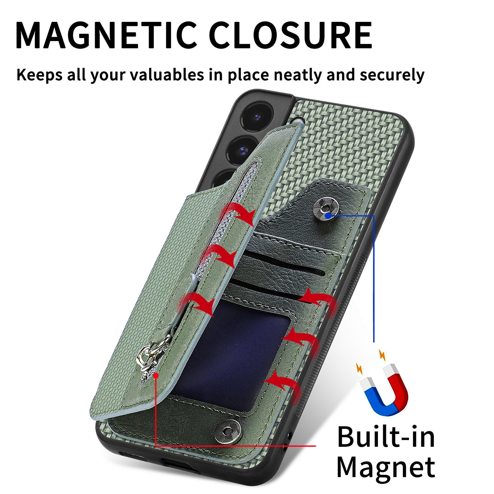 C1-04 For Samsung Galaxy S22 5G Wallet Case Anti-Drop Kickstand PU+PC+TPU Phone Cover