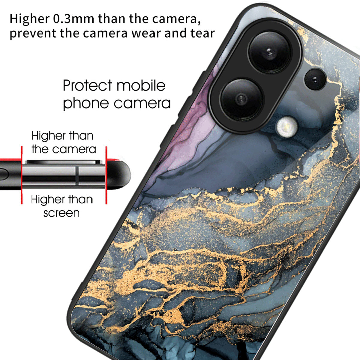 For Xiaomi Redmi Note 13 4G Case Marble Pattern Tempered Glass+PC+TPU+Phone Cover